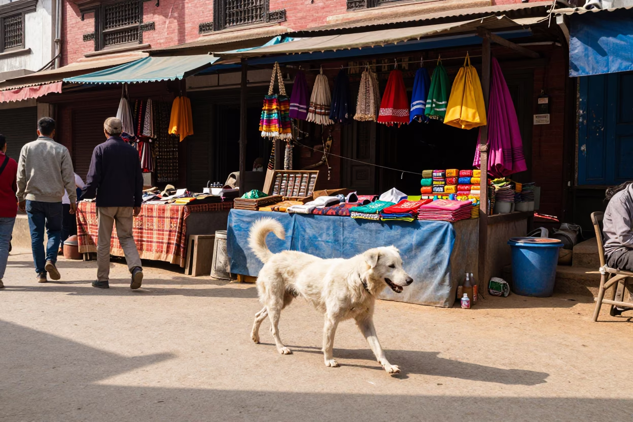 Vibrant Kathmandu Street Scene with White Dog and Colorful Market Stalls in in Kathmandu, Nepal