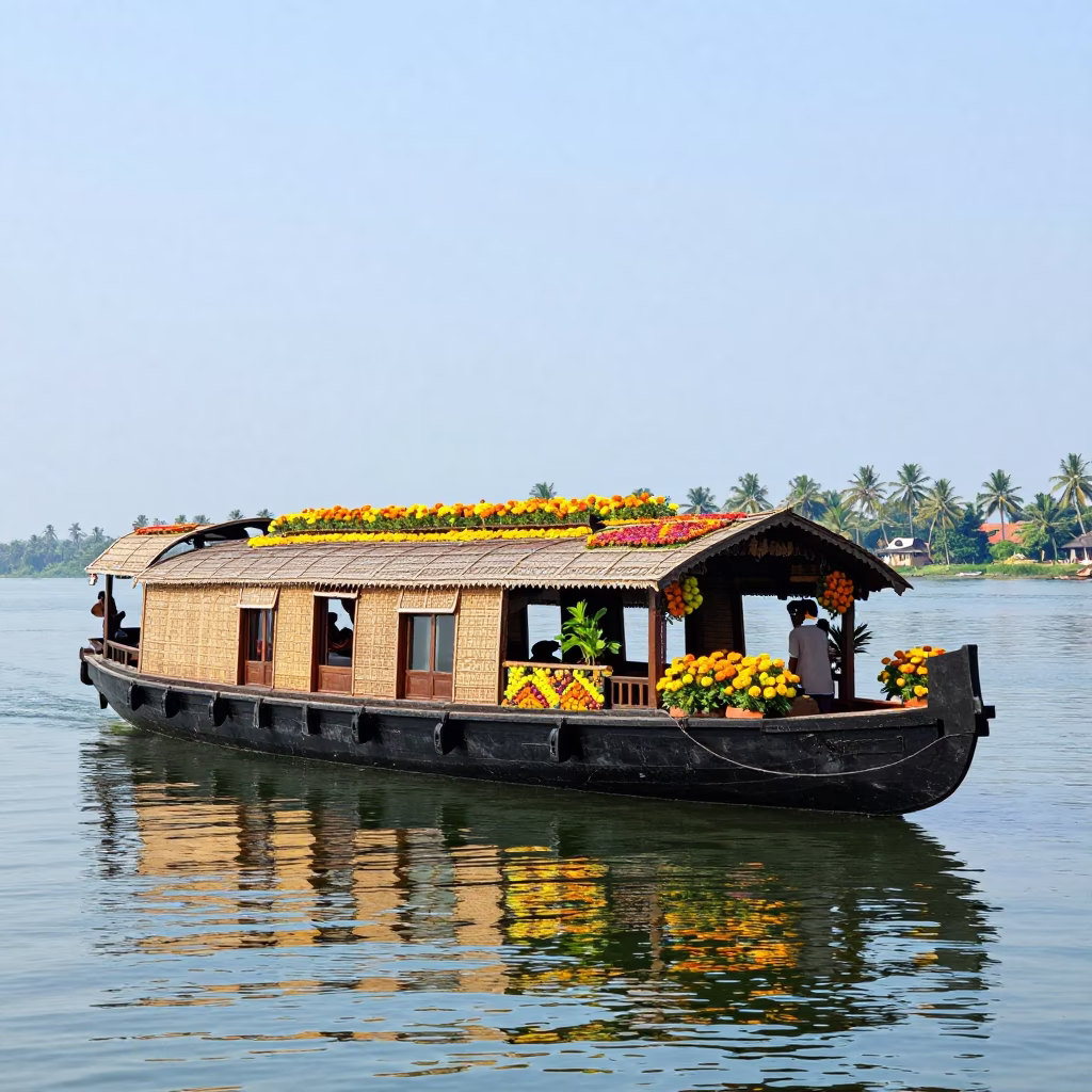Vibrant Kerala Houseboat Garden with Flower Roof in Kochi India Bright Midmorning in in Kochi, India