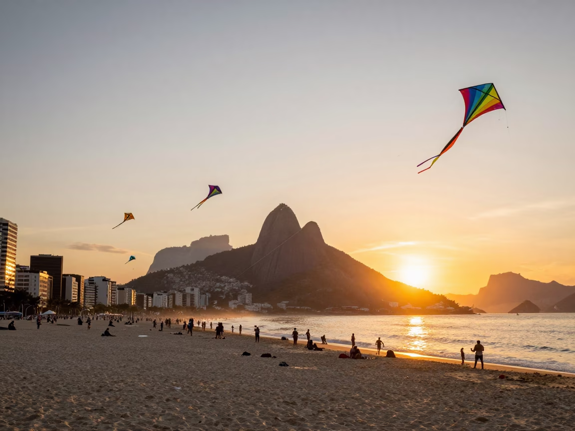 Vibrant Kites Flying Over Copacabana Beach During Golden Hour Sunset in in Rio de Janeiro, Brazil