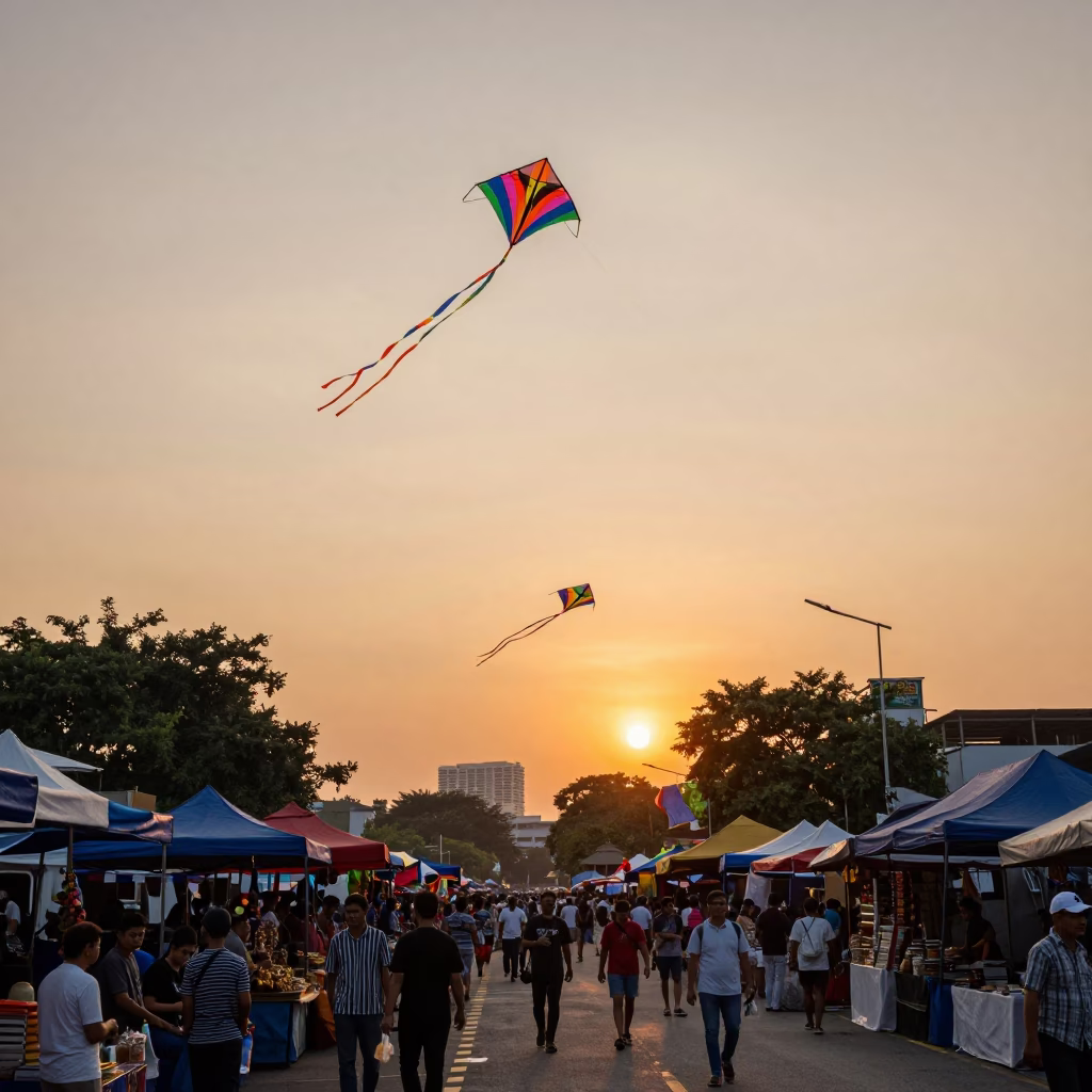Vibrant Kites Soaring Above Kuala Lumpur Street Market at Sunset in in Kuala Lumpur, Malaysia