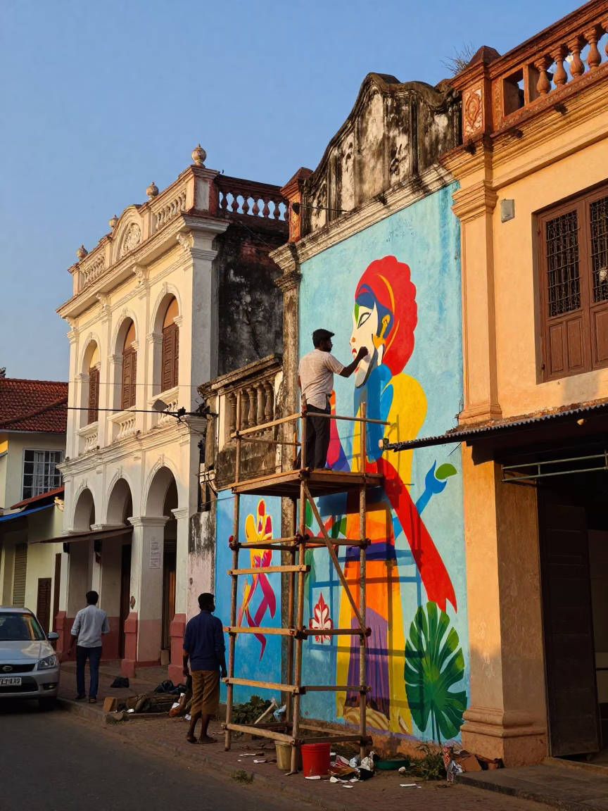 Vibrant Kochi Evening Street Scene with Colorful Muralist Scaffolding and Local Life in in Kochi, India