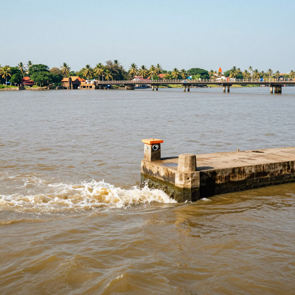 Vibrant Kochi India Backwaters Bridge Pier Cutwater Splitting Brown Water in Bright Midmorning Light in in Kochi, India