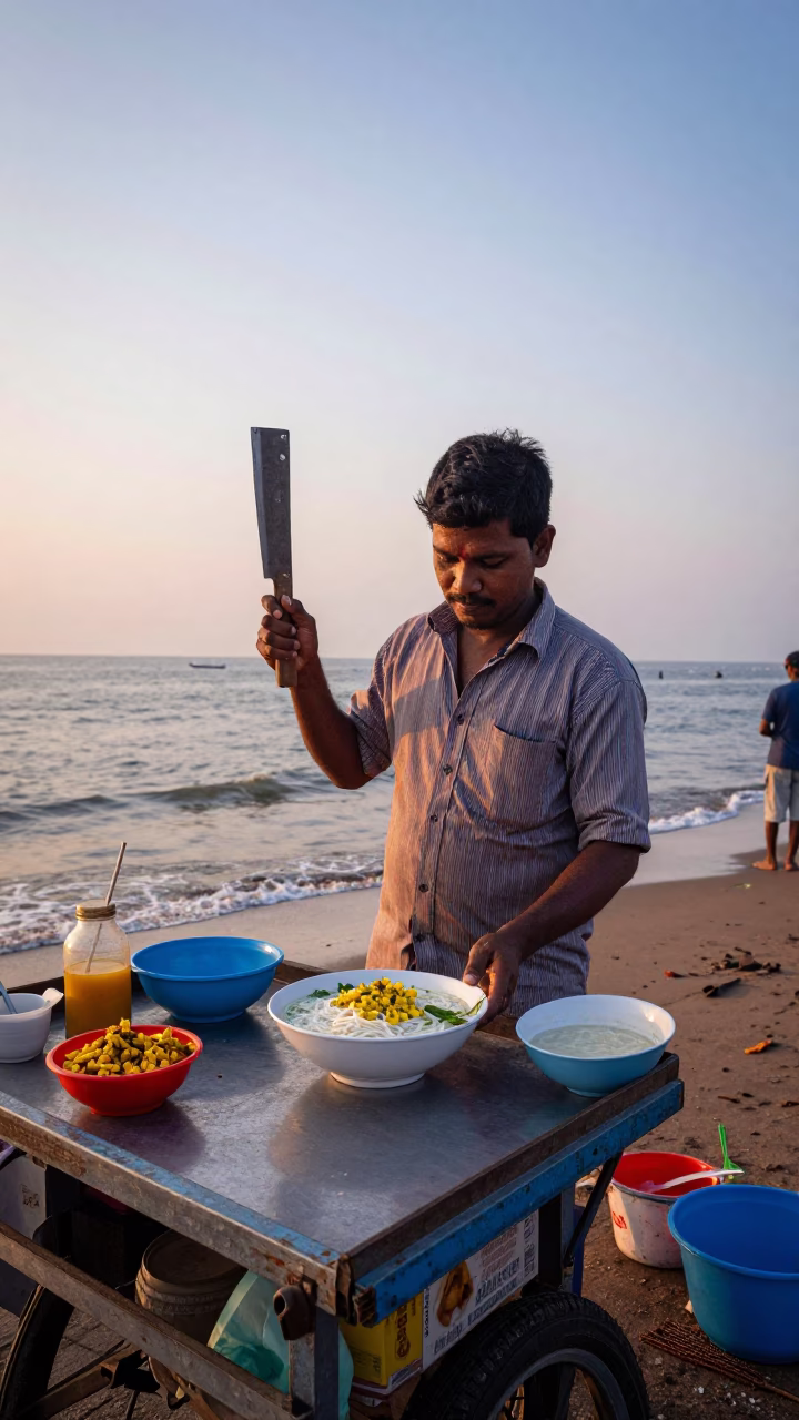 Vibrant Kochi Street Food Vendor at Nautical Dawn with Cleaver and Shan Noodles in in Kochi, India