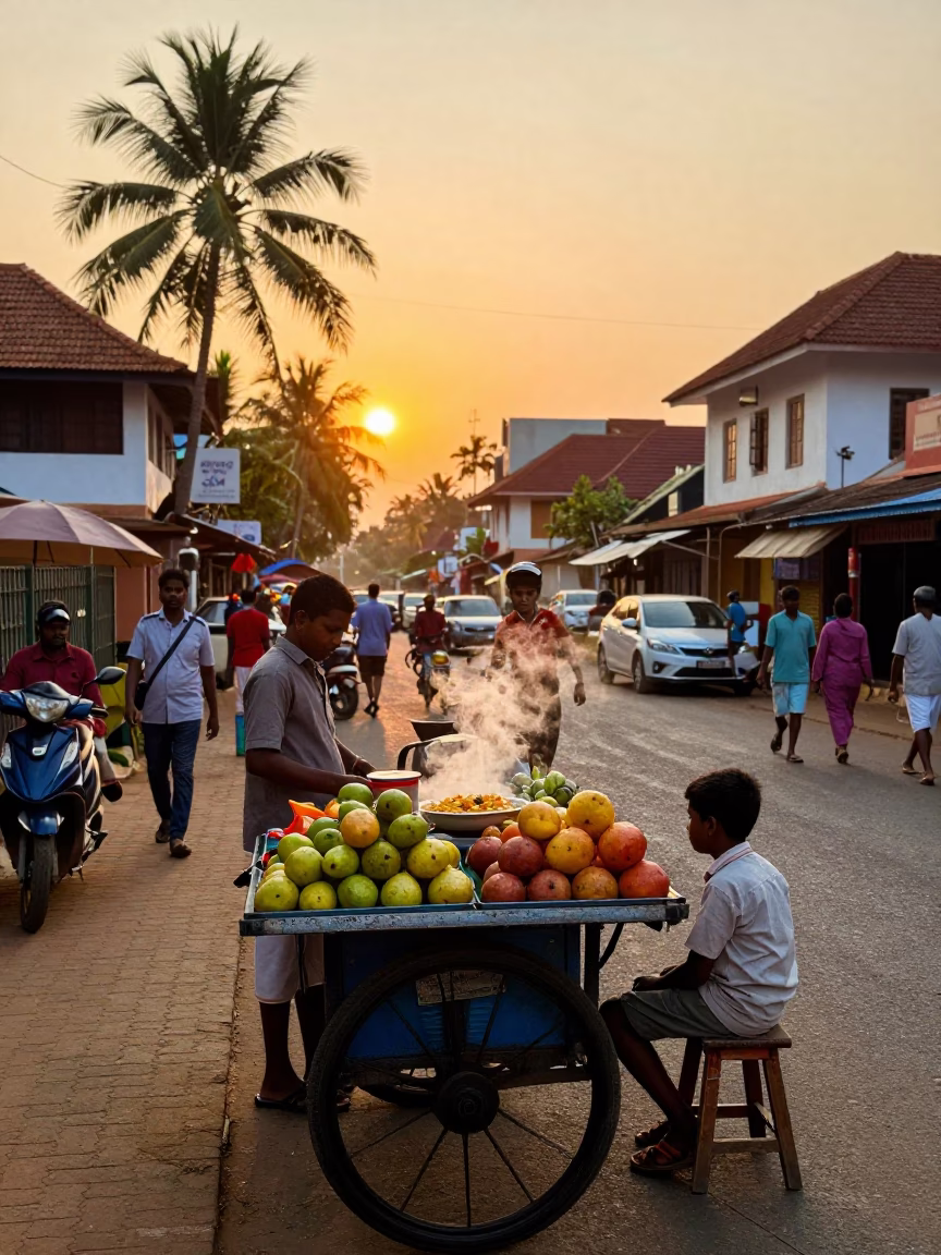 Vibrant Kochi Street Scene at Sunset with Traditional Kerala Food and Model Ship in in Kochi, India