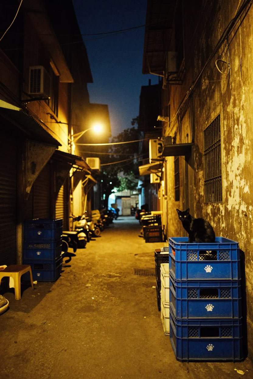 Vibrant Kolkata Night Street Scene with Black Cat and Monorail in in Kolkata, India
