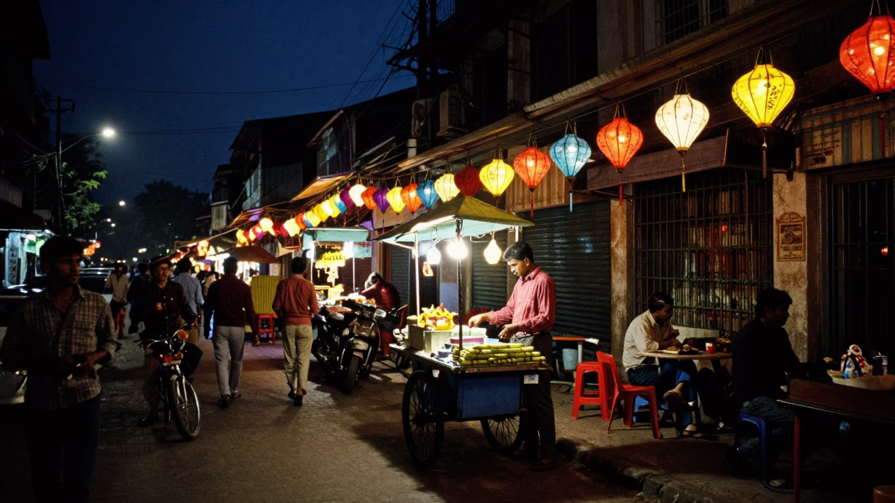 Vibrant Kolkata Night Street Scene with Sugarcane Juice Vendor and Colorful Lanterns in in Kolkata, India