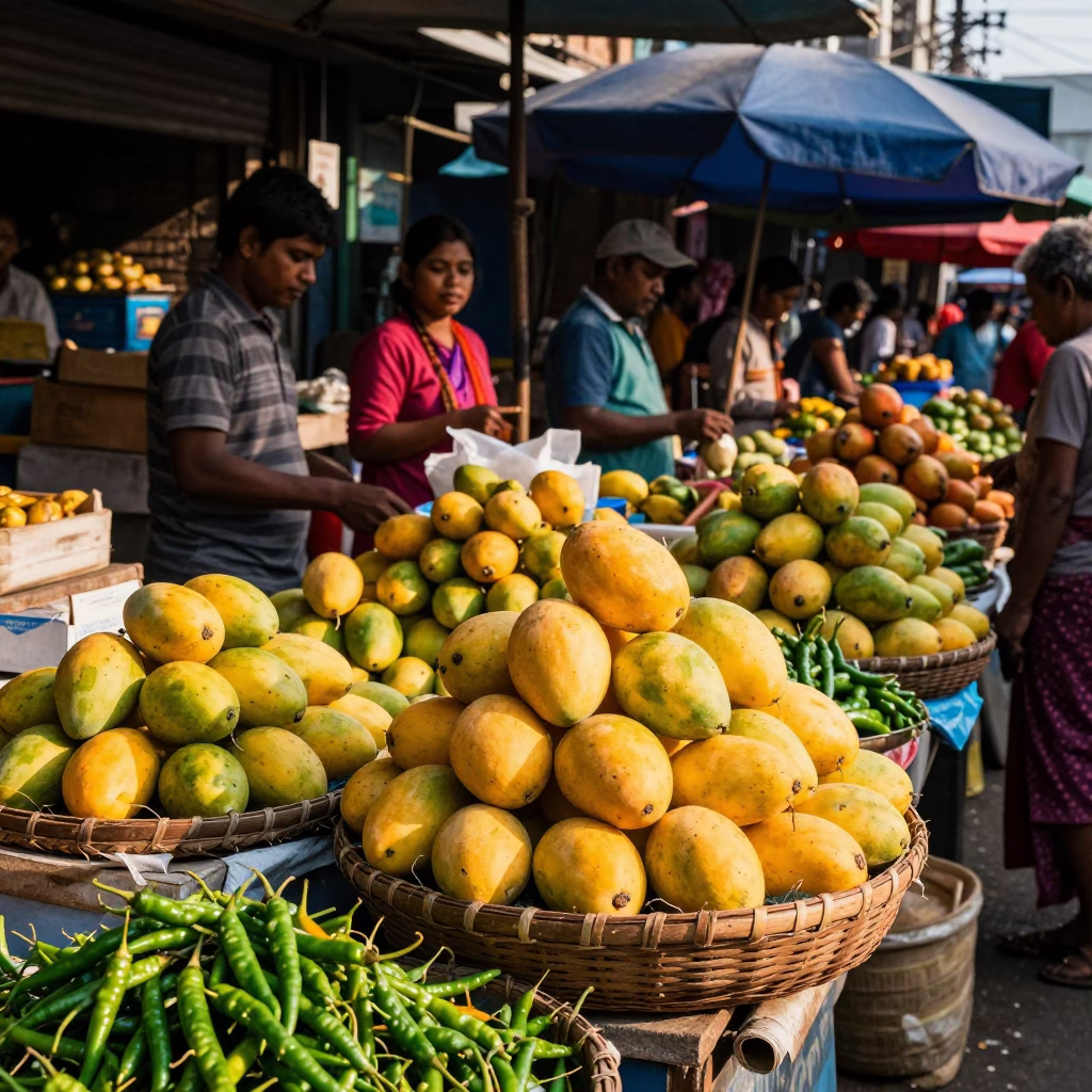 Vibrant Kolkata Street Market Late Afternoon Light Mangoes and Grilled Fish on Banana Leaf in in Kolkata, India