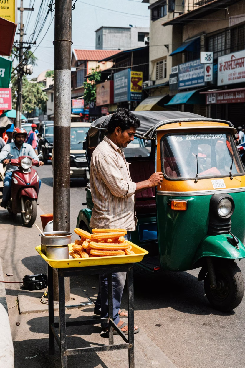 Vibrant Kolkata Street Scene Under Harsh Noon Sun with Colorful Vendors and Busy Traffic in in Kolkata, India