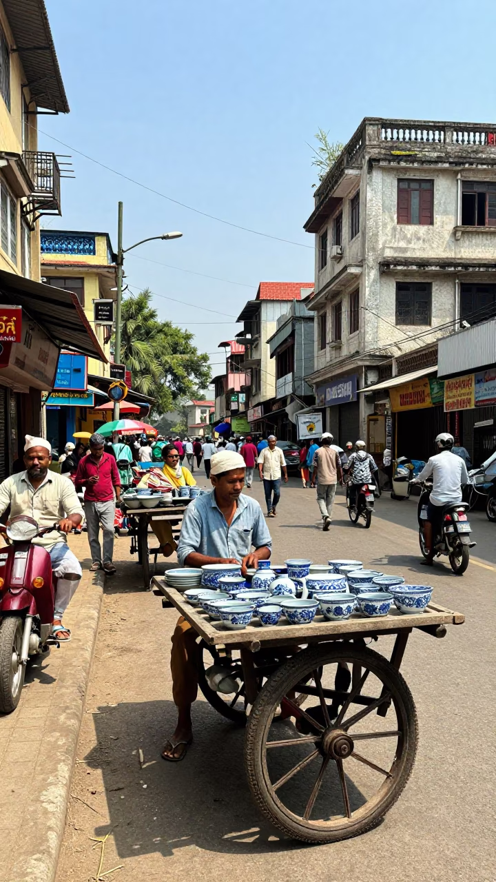 Vibrant Kolkata Street Scene with Blue and White Porcelain Jar in Bright Midmorning Light in in Kolkata, India