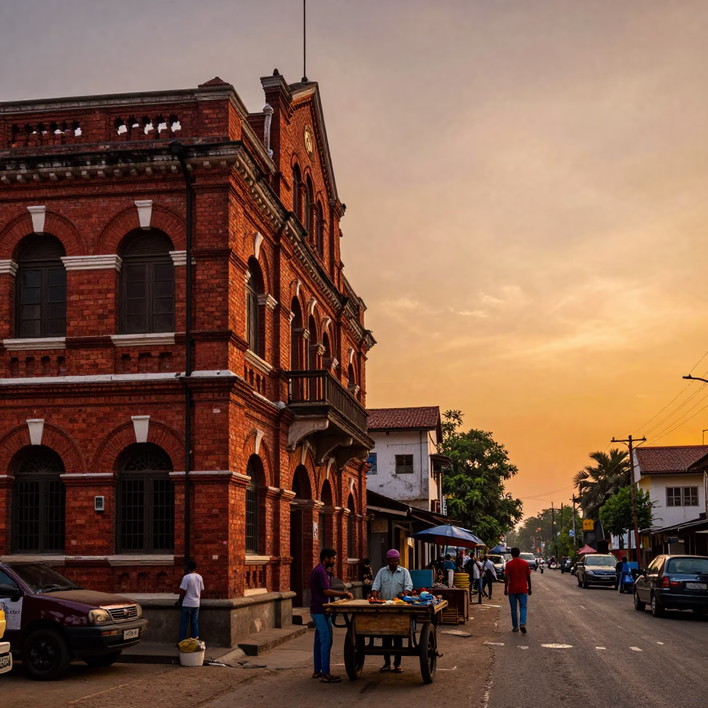 Vibrant Kolkata Sunset Street Scene with Brick Architecture and Local Life in in Kolkata, India