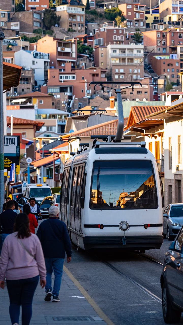 Vibrant La Paz Bolivia Late Morning Street Scene with Monorail Reflection in in La Paz, Bolivia