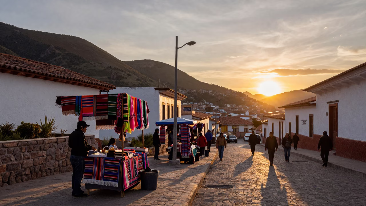 Vibrant La Paz Bolivia Sunset Street Scene with Colorful Textiles and Urban Architecture in in La Paz, Bolivia