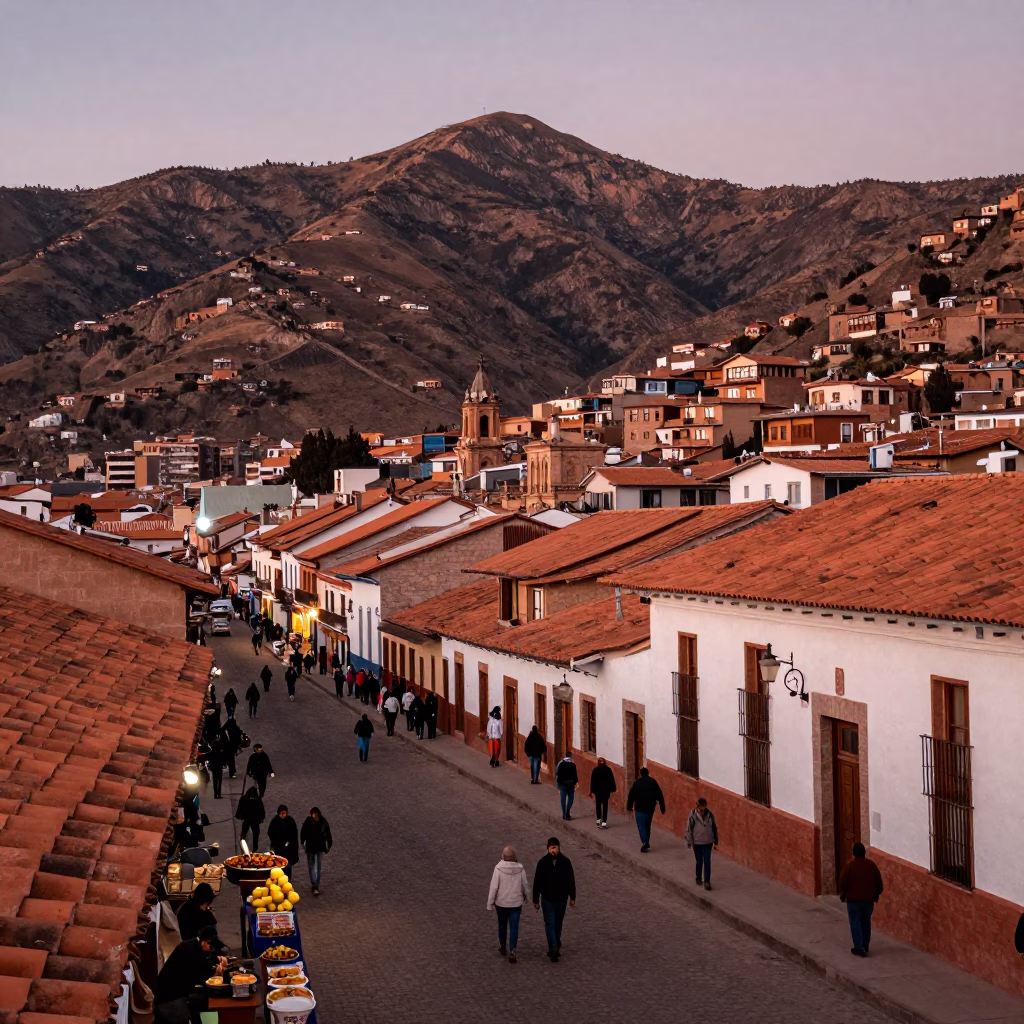 Vibrant La Paz Street Scene Before Dusk with Traditional Food and Urban Life in in La Paz, Bolivia