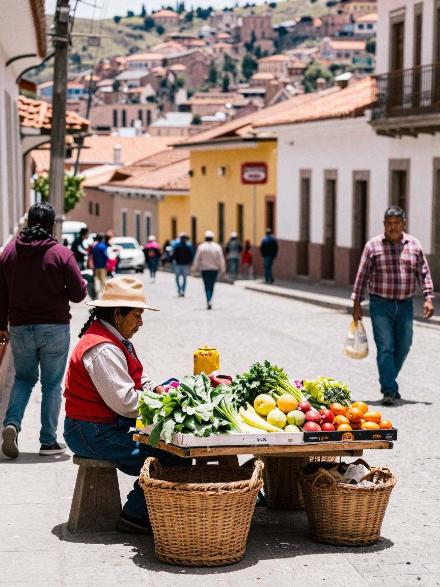 Vibrant La Paz Street Scene with Wicker Basket and Local Commerce in in La Paz, Bolivia