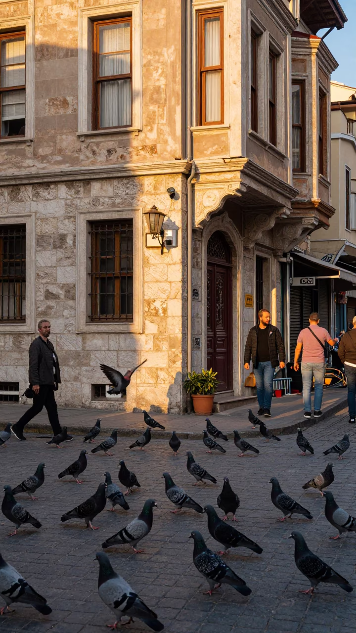 Vibrant Late Afternoon Istanbul Street Scene with Pigeons and Traditional Architecture in in Istanbul, Turkey