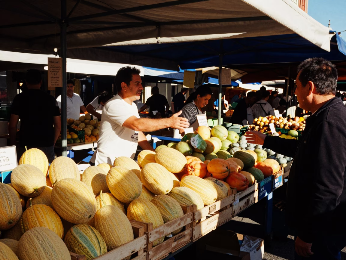 Vibrant Late Afternoon Market Scene in Bilbao Spain with Fresh Melons and Local Interaction in in Bilbao, Spain