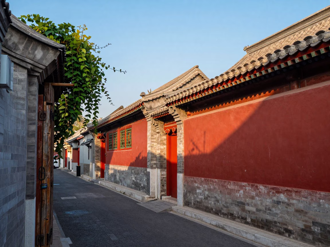 Vibrant late afternoon street scene in Beijing China with traditional architecture and daily life in in Beijing, China