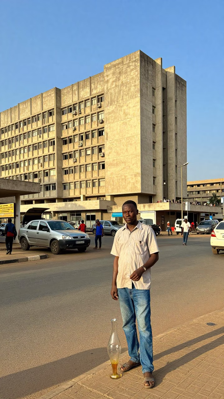 Vibrant Late Afternoon Street Scene in Dakar Senegal with Glass Carafe and Brutalist Architecture in in Dakar, Senegal