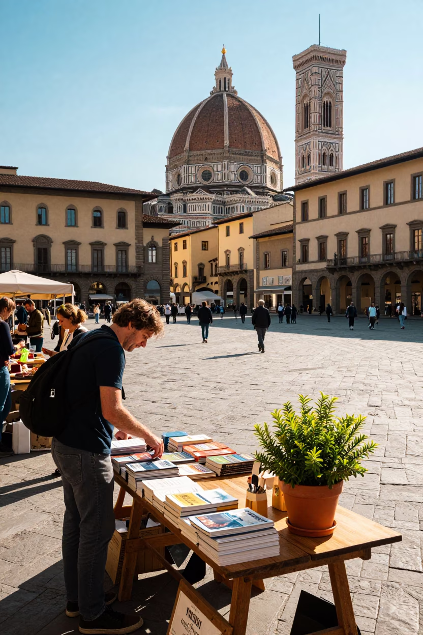 Vibrant Late Afternoon Street Scene in Florence Italy with Local Market Details in in Florence, Italy