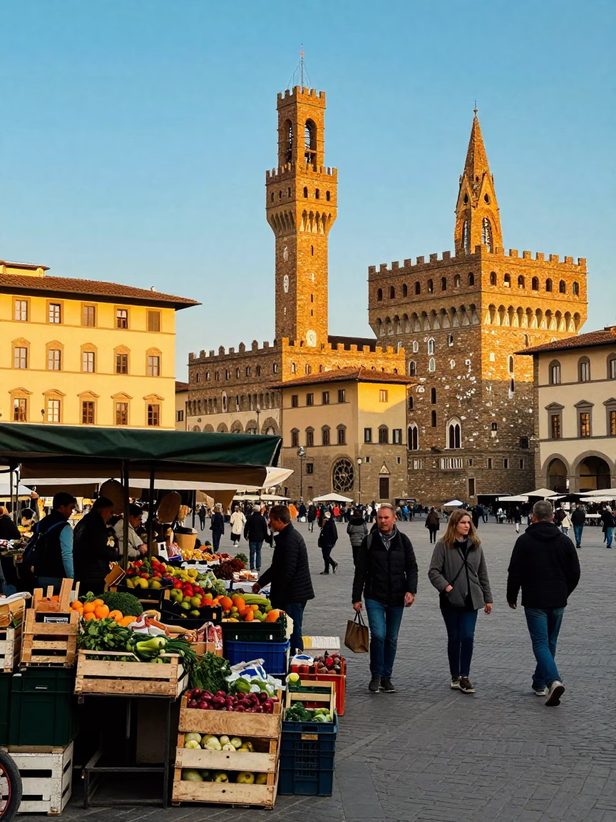 Vibrant Late Afternoon Street Scene in Florence Italy with Traditional Market Stalls and Pedestrians in in Florence, Italy