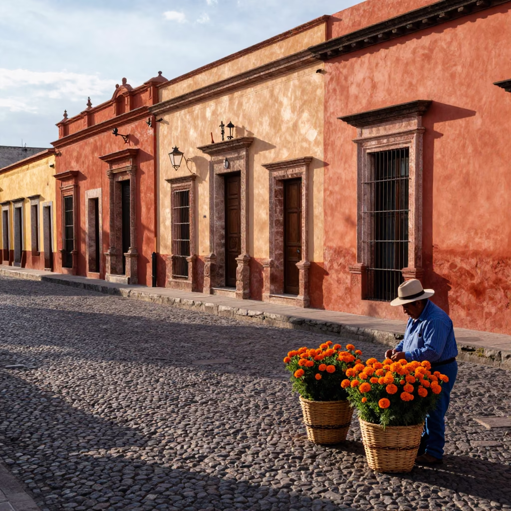Vibrant Late Afternoon Street Scene in Historic Oaxaca Mexico with Local Market Activity in in Oaxaca, Mexico