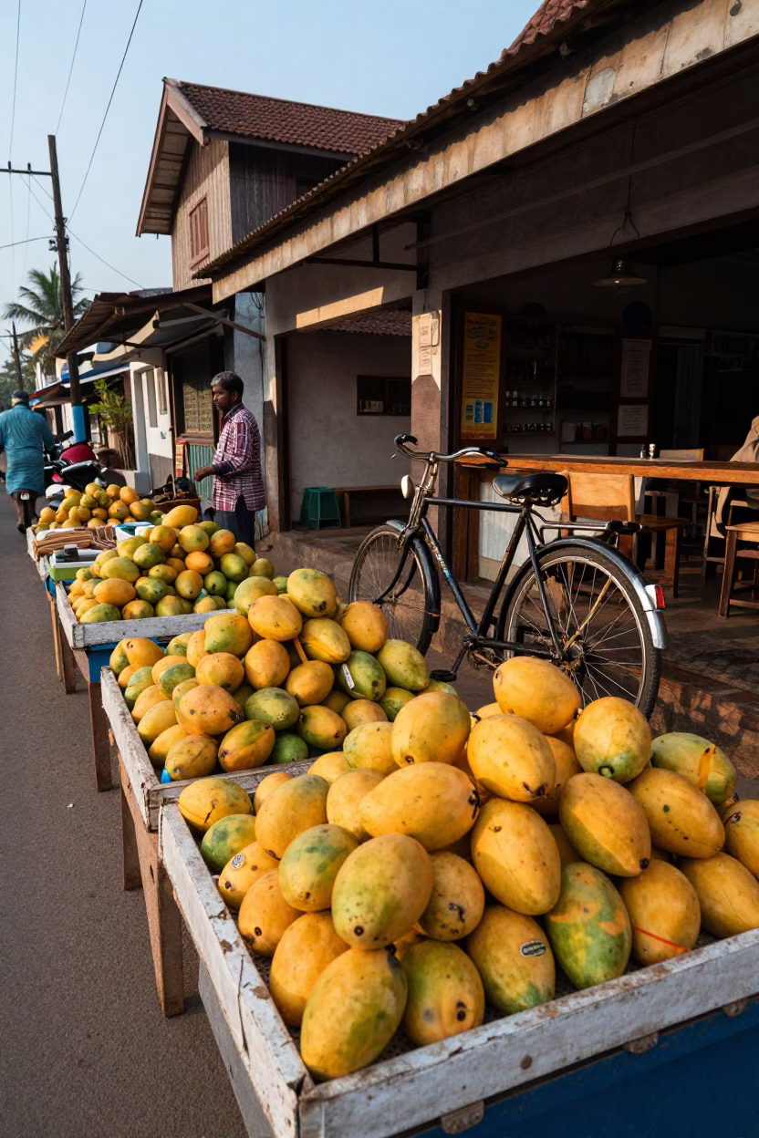 Vibrant Late Afternoon Street Scene in Kochi India with Mangoes and Bicycle in in Kochi, India