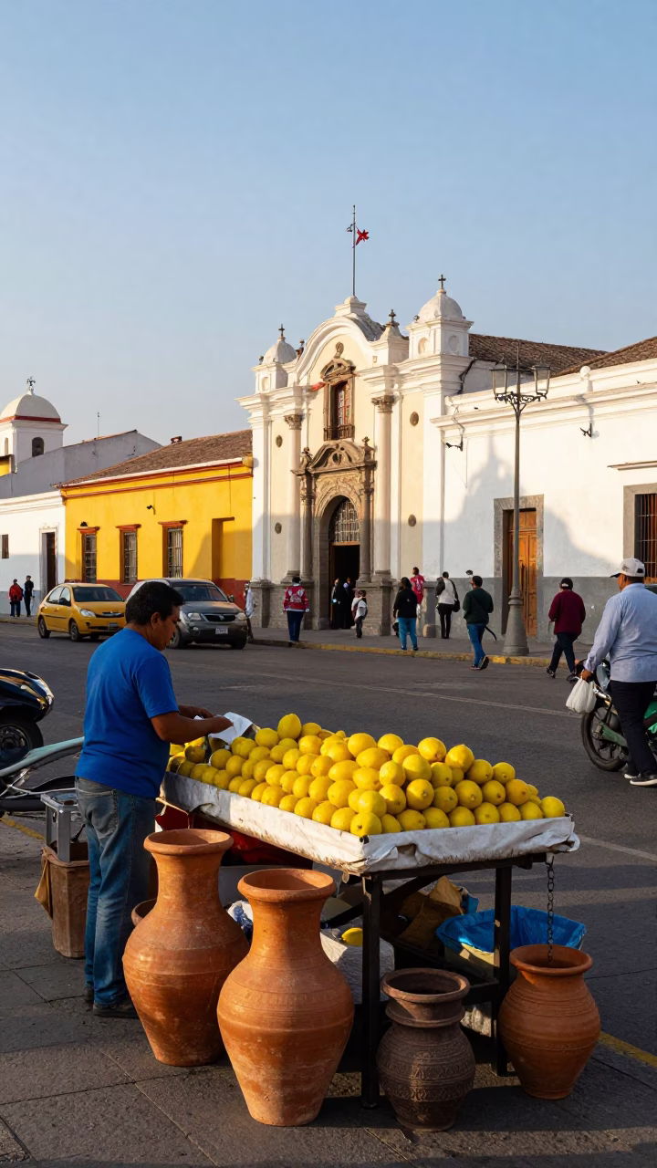 Vibrant Late Afternoon Street Scene in Lima Peru with Terracotta Pots and Lemons in in Lima, Peru