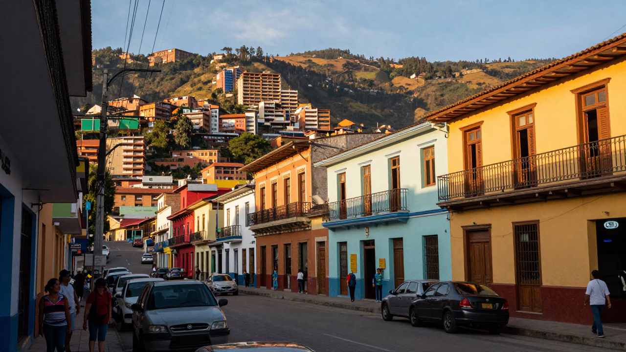 Vibrant Late Afternoon Street Scene in Medellin Colombia with Local Commerce and Mountain Backdrop in in Medellin, Colombia