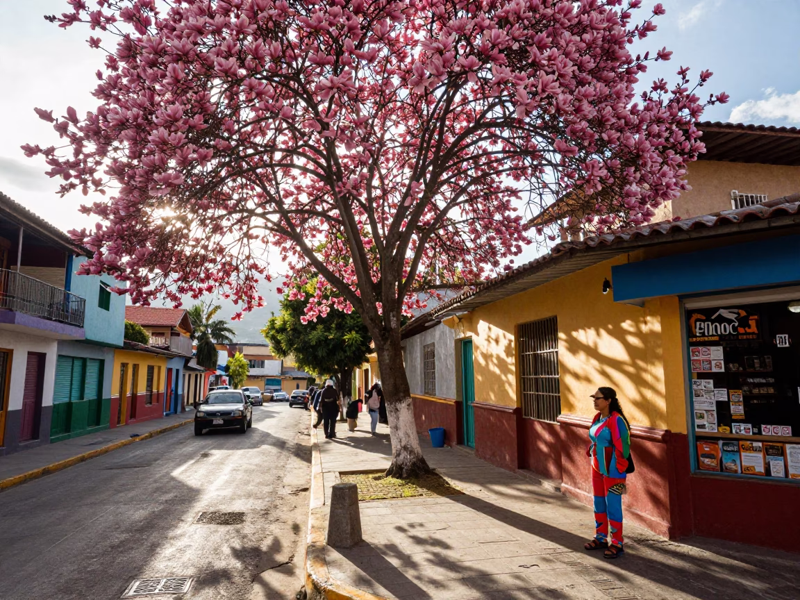 Vibrant Late Afternoon Street Scene in Medellin Colombia with Magnolia Tree Bloom in in Medellin, Colombia
