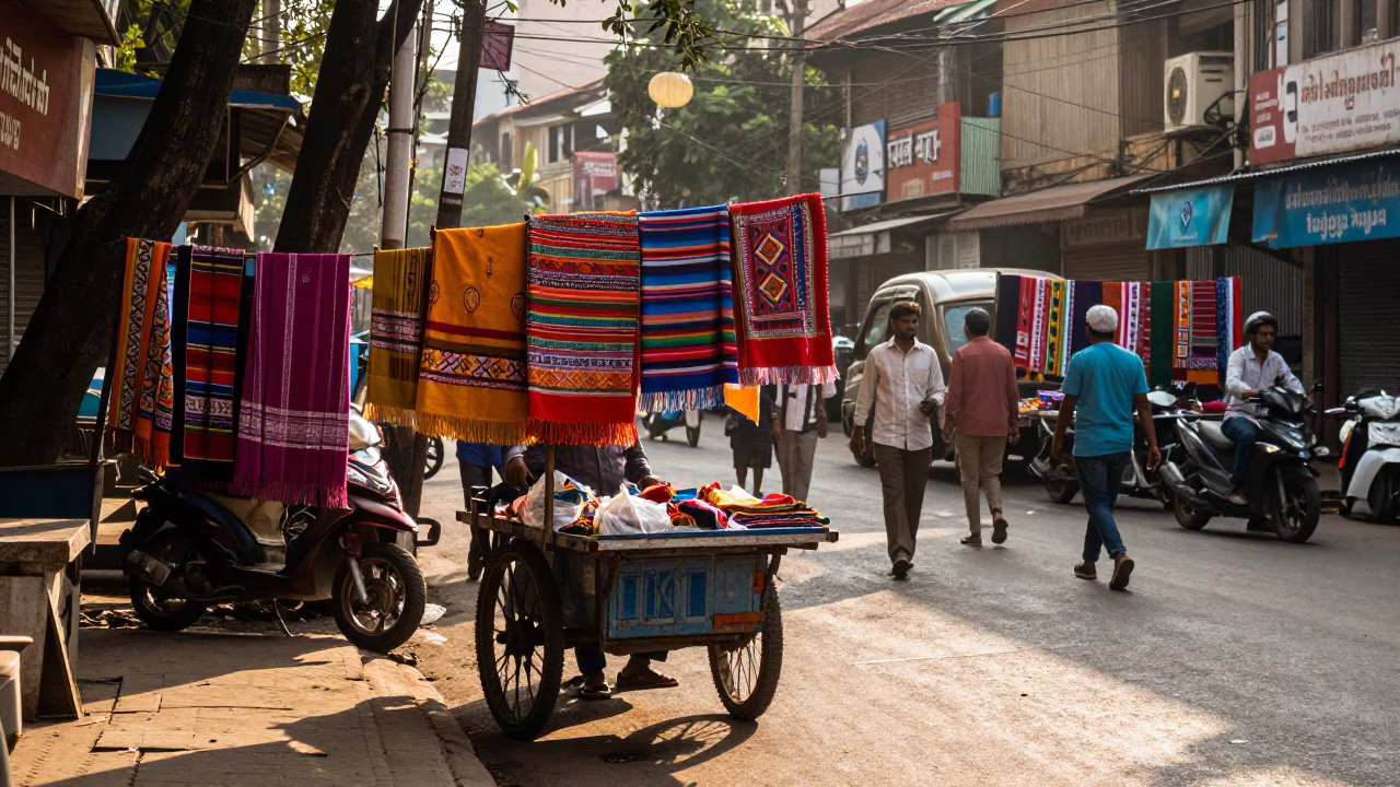 Vibrant Late Afternoon Street Scene in Mumbai India with Colorful Textiles and Daily Life in in Mumbai, India