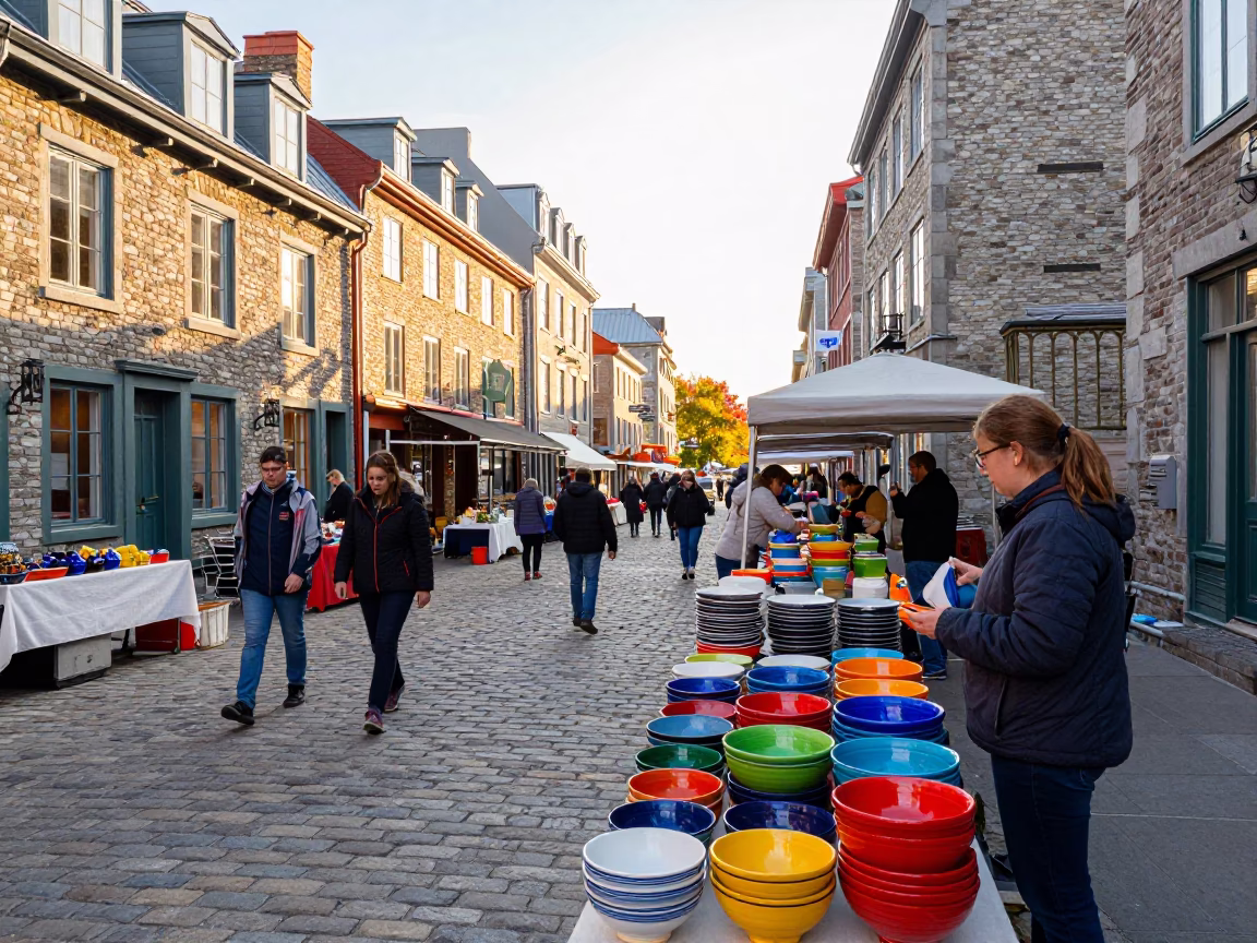 Vibrant Late Afternoon Street Scene in Quebec City Quebec Canada with Colorful Market Stalls in in Quebec City, Quebec, Canada
