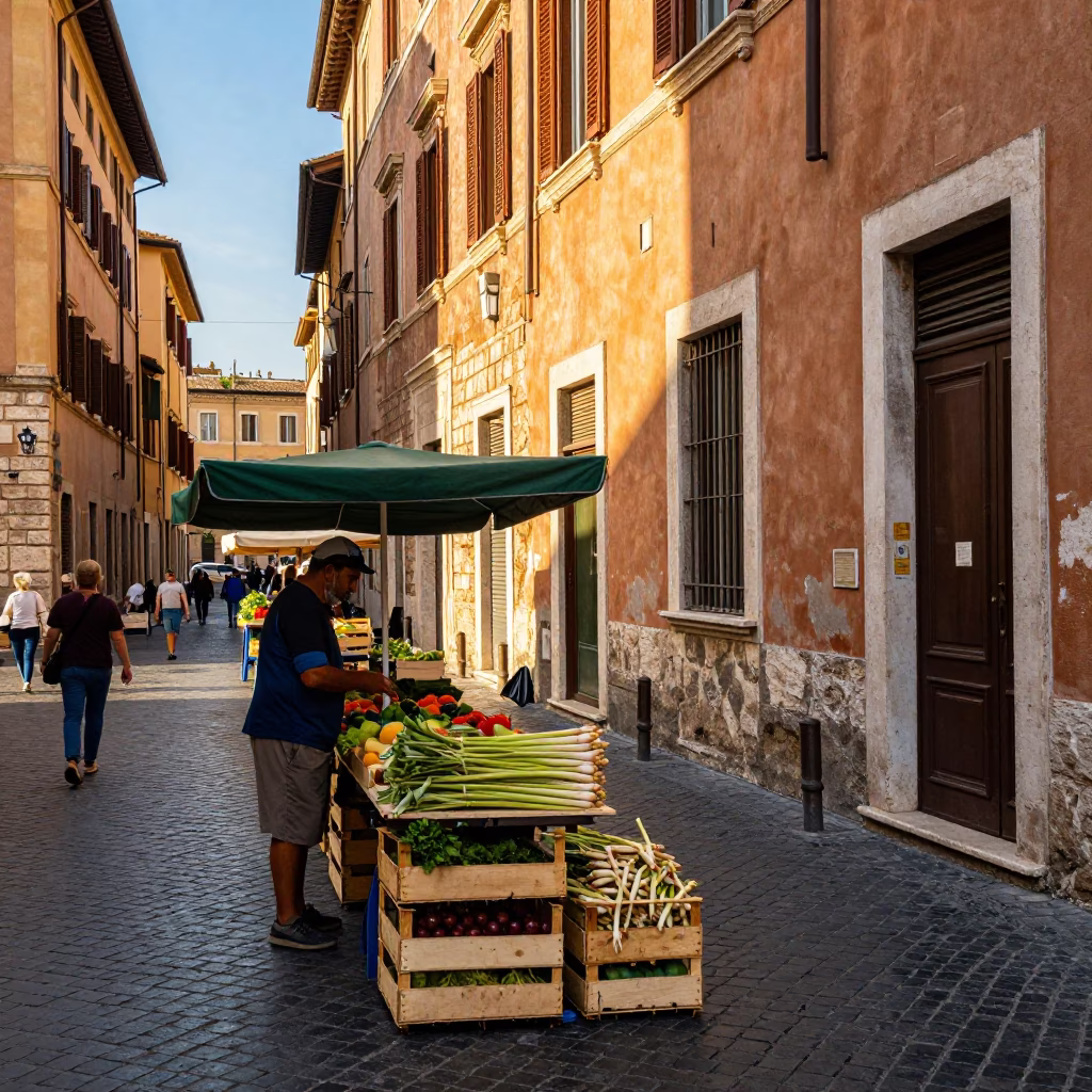Vibrant Late Afternoon Street Scene in Rome Italy with Local Market Goods in in Rome, Italy
