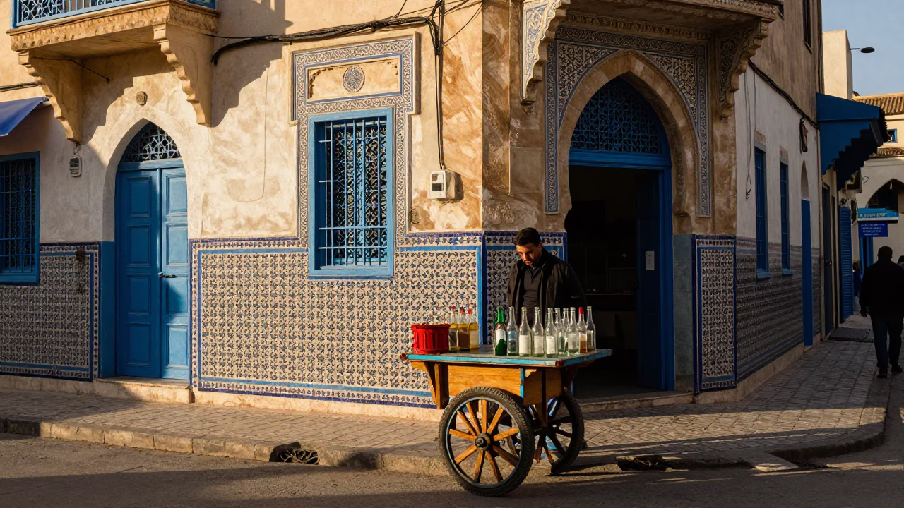 Vibrant Late Afternoon Street Scene in Tunis Tunisia with Glass Bottles and Wooden Spoon in in Tunis, Tunisia