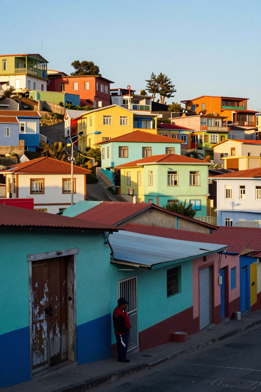 Vibrant Late Afternoon Street Scene in Valparaiso Chile with Colorful Architecture in in Valparaiso, Chile