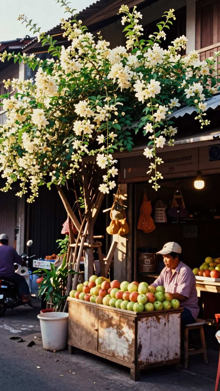 Vibrant Late Morning Street Scene in Phuket Thailand with Climbing Jasmine and Local Commerce in in Phuket, Thailand