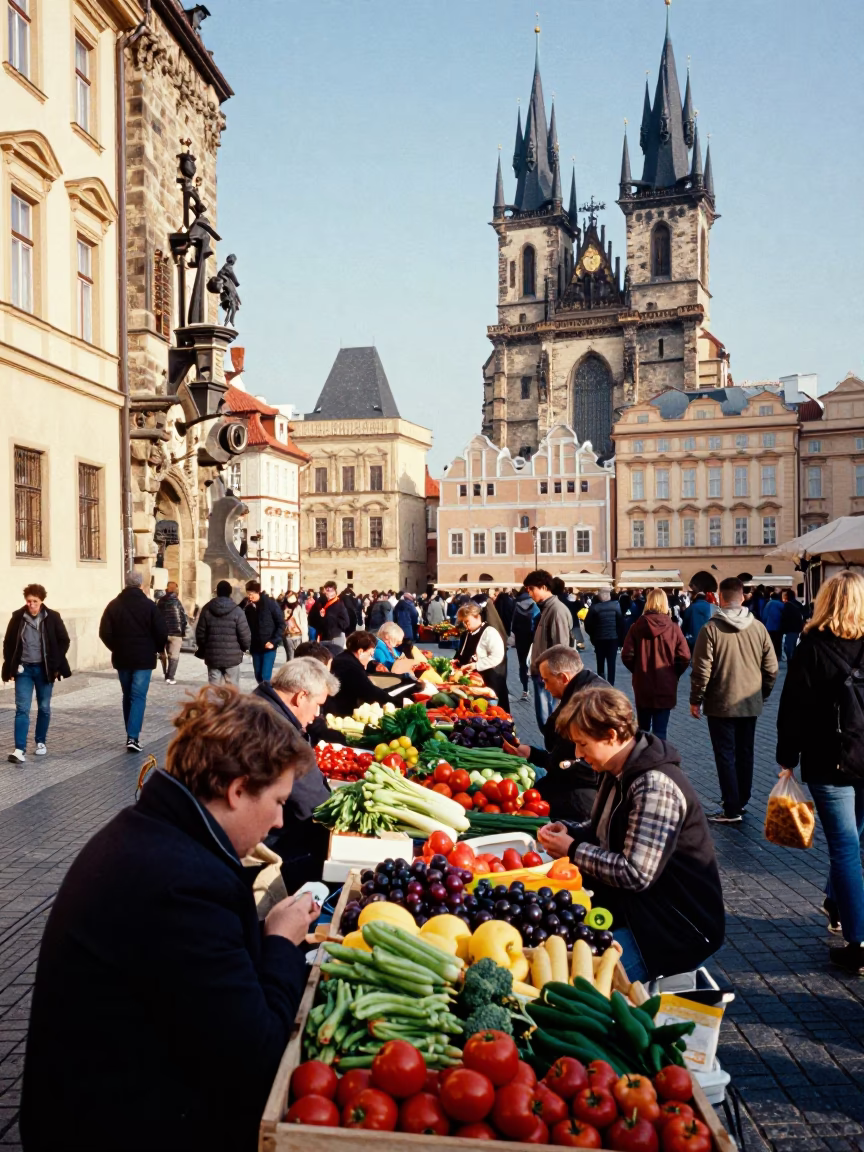 Vibrant Late Morning Street Scene in Prague Czech Republic with Colorful Produce Display in in Prague, Czech Republic