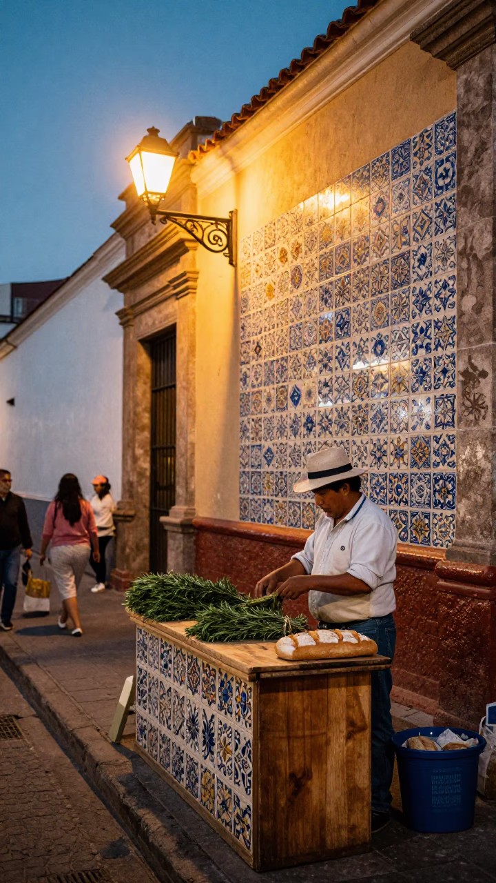 Vibrant Lima Evening Street Scene with Ceramic Tiles and Local Life in in Lima, Peru
