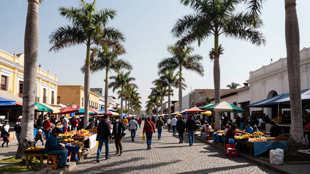 Vibrant Lima Peru Market Scene with Palm Trees and Local Vendors in Late Morning in in Lima, Peru