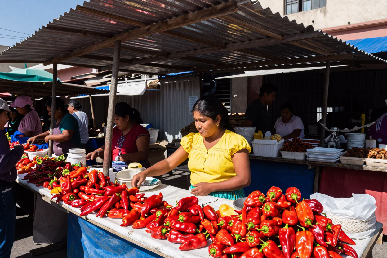 Vibrant Lima Peru Street Market Stall Under Flat Noon Sunlight With Local Produce in in Lima, Peru