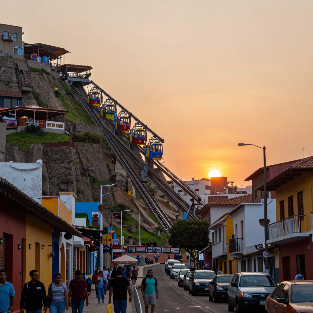 Vibrant Lima Peru Street Scene at Sunset with Colorful Funicular Railway and Colonial Architecture in in Lima, Peru