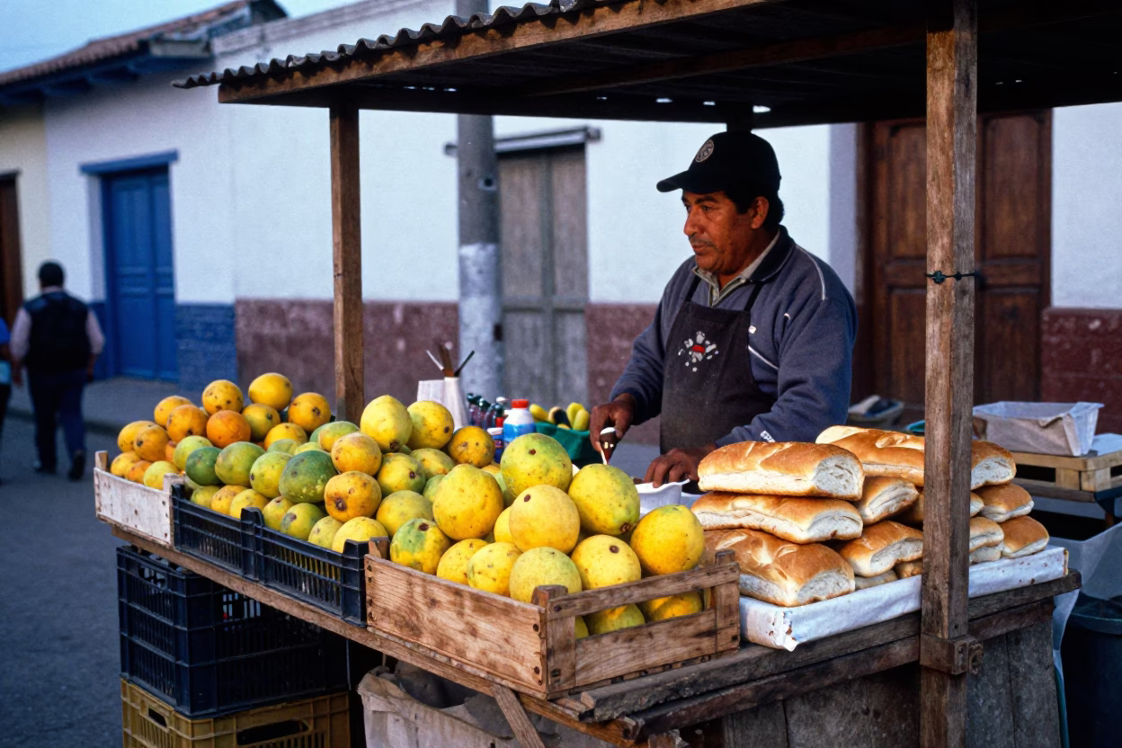 Vibrant Lima Street Market Stall with Fruit Crates and Bread at Blue Hour in in Lima, Peru