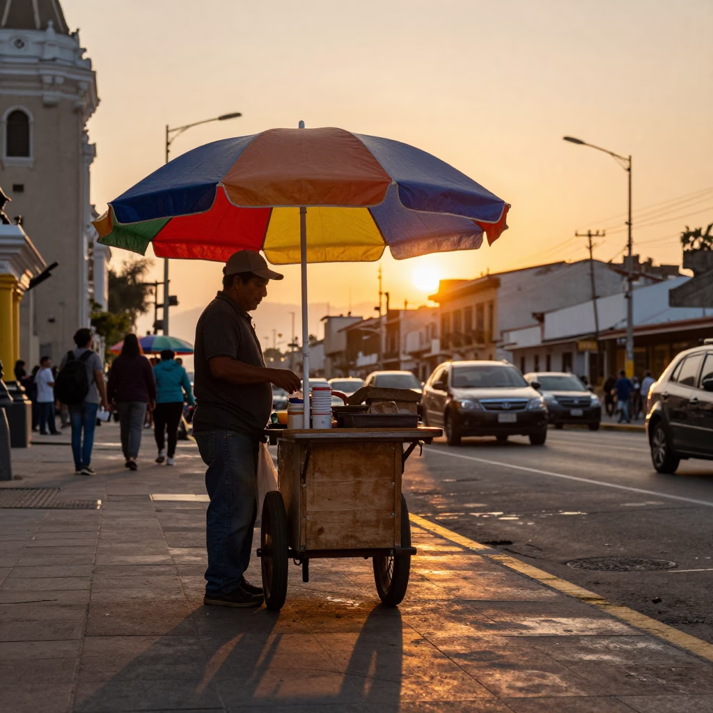 Vibrant Lima Street Scene at Sunset with Colorful Umbrella and Traditional Pottery in in Lima, Peru