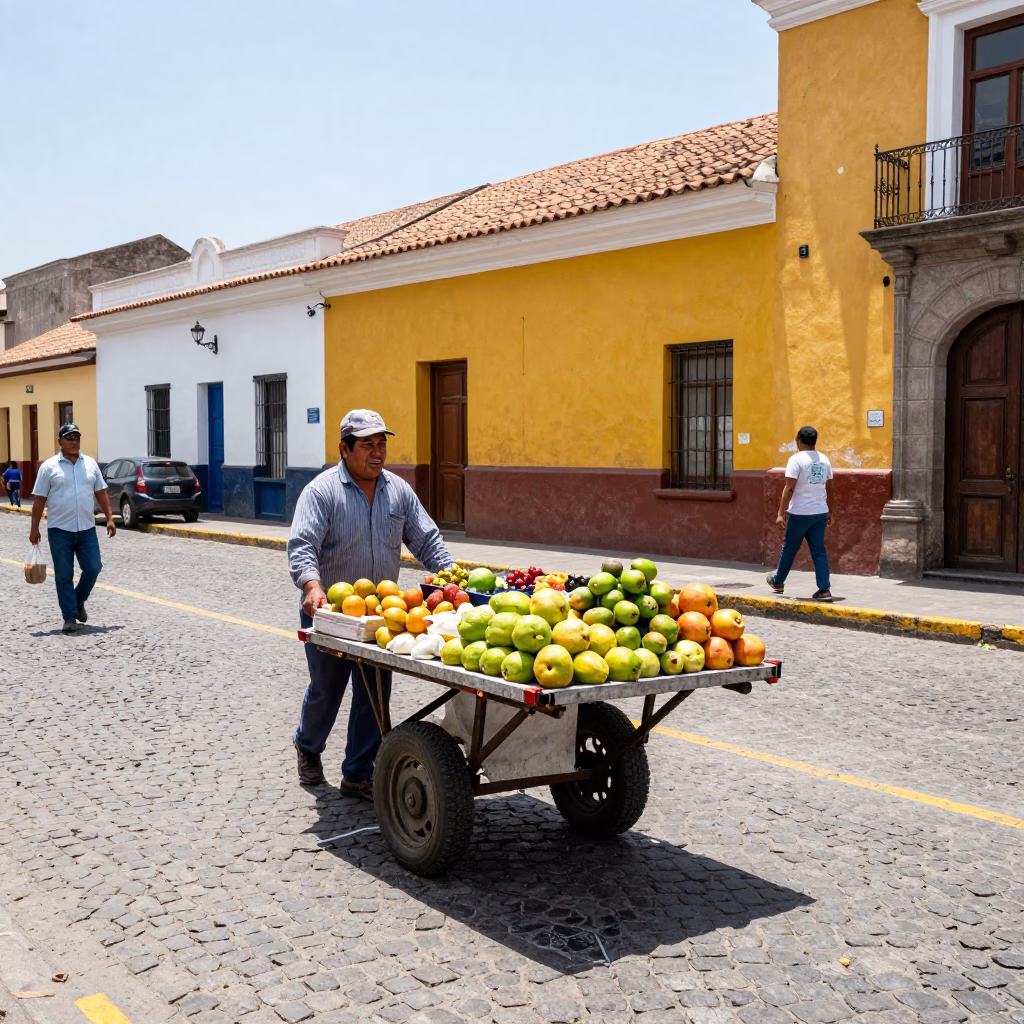 Vibrant Lima Street Scene with Rolling Vendor Cart and Colorful Facade Under Noon Sun in in Lima, Peru