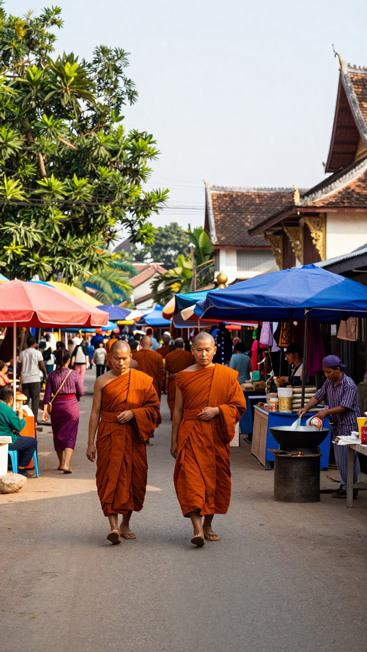 Vibrant Luang Prabang Street Scene with Monks and Local Life in in Luang Prabang, Laos