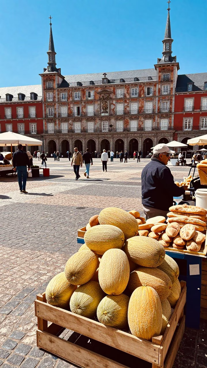 Vibrant Madrid Plaza Scene with Melons and Traditional Bread Oven at Midday in in Madrid, Spain