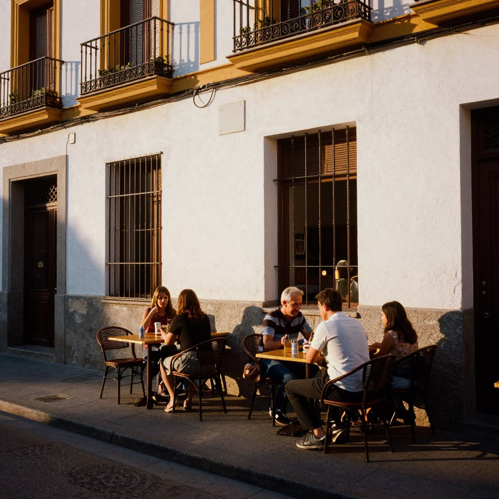 Vibrant Madrid Street Scene in Honeyed Evening Light with Local Dining and Colorful Architecture in in Madrid, Spain