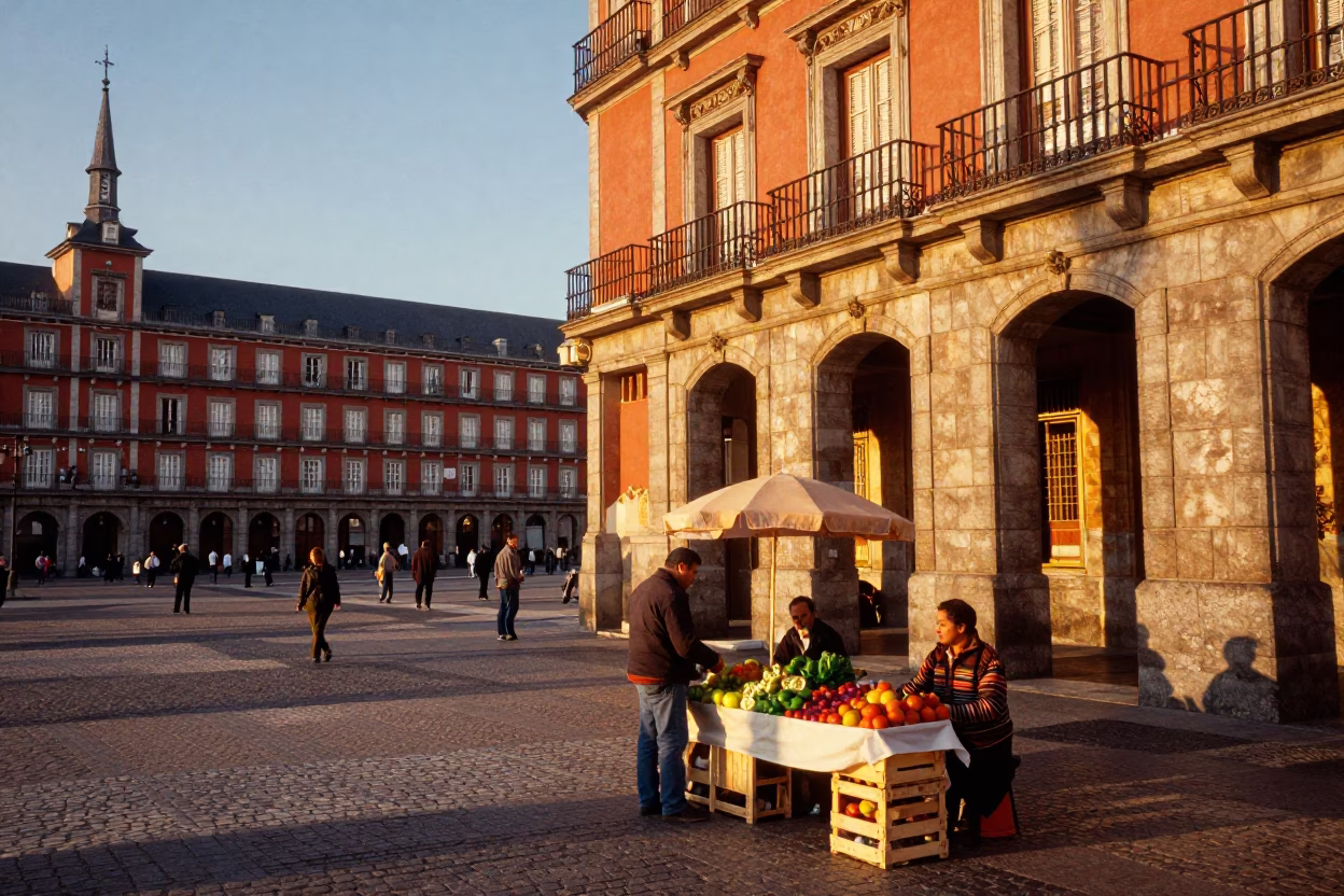 Vibrant Madrid Street Scene in Honeyed Evening Light with Local Market Activity in in Madrid, Spain