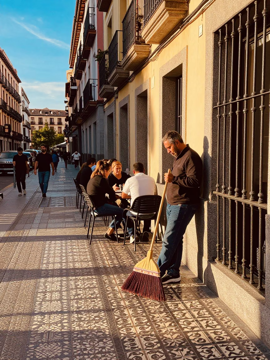 Vibrant Madrid Street Scene Late Afternoon with Traditional Broom and Linen Tablecloth Detail in in Madrid, Spain