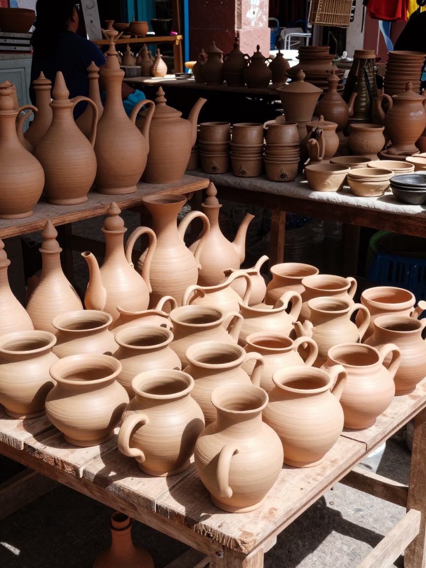 Vibrant Market Stall Displaying Handcrafted Clay Teapots in Guadalajara in in Guadalajara, Mexico
