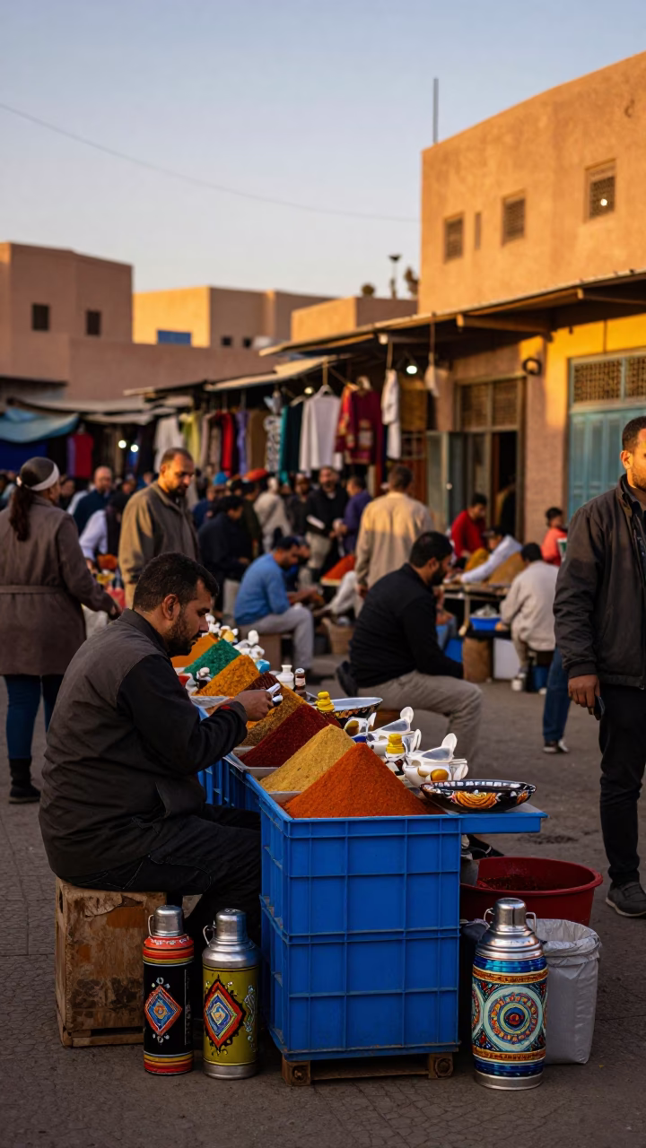Vibrant Marrakech Evening Market Scene with Thermos and Painted Crate in Honeyed Light in in Marrakech, Morocco